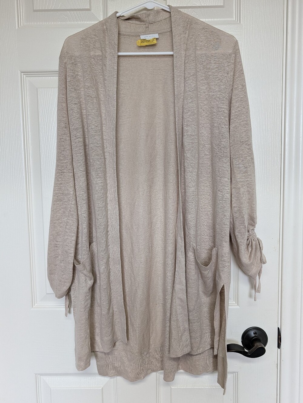 J. Jill 100% Love Linen Cardigan Long Line Open Front Beige Neutral Pockets S